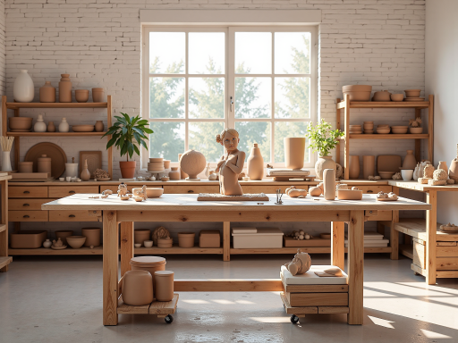 传统手工艺作坊内部场景，工匠正在专心制作陶瓷制品，工作台上摆放各种工具和半成品，温暖灯光营造温馨氛围